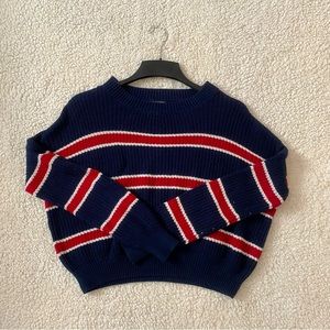 Blue Sweater with Red and White Stripes